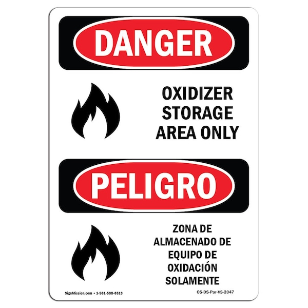 Safety Sign, OSHA Danger, 5" Height, Oxidizer Storage Area Only, Bilingual Spanish, 10PK